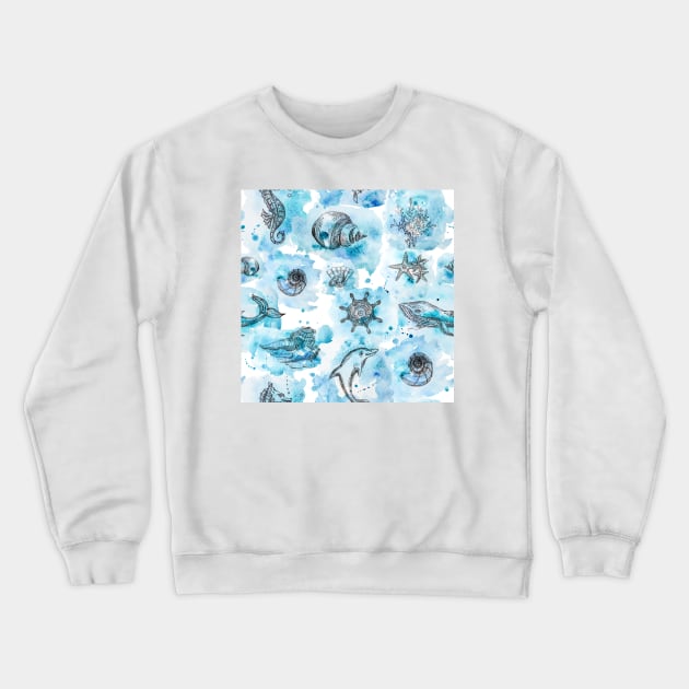 Watercolor cute whale and sea animal illustration Crewneck Sweatshirt by tiana geo